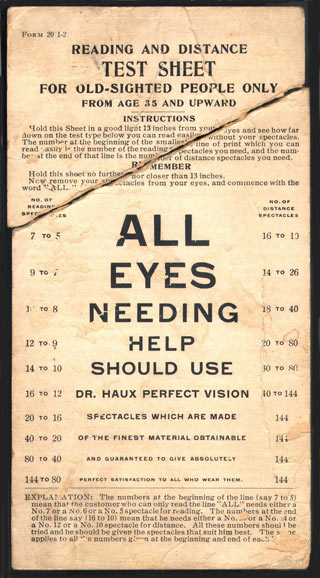 A travelling salesman's vision testing pocket card from the 1910s.