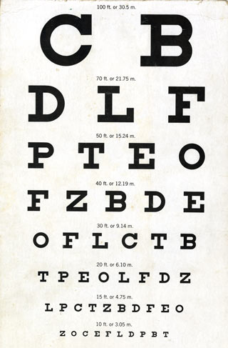 A standard Snellen vision testing chart from the 1950s.