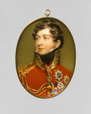 An oval-shaped portrait of a young man in a red military uniform. The portrait is set in a gold pendant, and the young man has light skin, brown hair, and light eyes. He wears a bright red uniform with a gold collar and one gold shoulder piece, and the uniform has many medals on the breast.