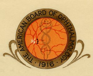 A gold-bordered circular logo with small gold decorative laurels around it. The gold circle surrounds an orange circle with red drawn lines mimicking the veins in the human eye. There is a black image of two coiled snakes through the middle of the image. The black lettering in the gold outside circle reads: The American Board of Ophthalmology 1916.
