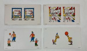 Four rectagular cards with two repeated colored illustrations on each of them. The top left card has an image of circus clowns standing in front of a sign that says Ringling Brothers Circus. The top right card has images of a cityscape with a banner over the street that reads Vote Mickey Mouse for President. The bottom left card has images of a bear and a seal wearing human clothes and tophats. The bottom right card has two images of clowns.