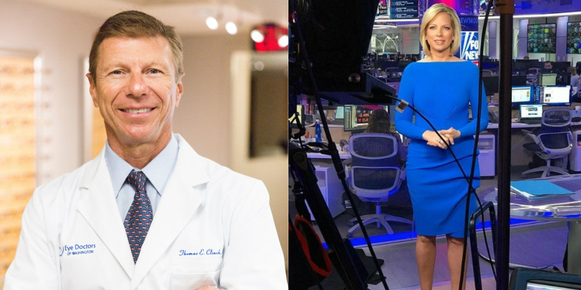 Composite image of Thomas Clinch, MD, seen in his clinic, and his dry-eye patient, news reporter Shannon Bream, seen in a television studio.