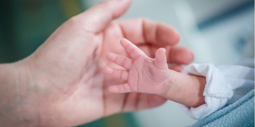 Bebé prematuro en la cámara de la incubadora buscando la mano de su madre