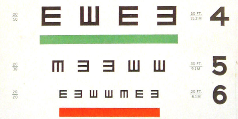 A section of the 'Tumbling E' eye test chart, designed for children and people who can't read individual letters.