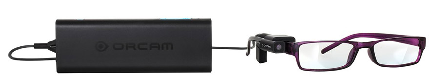 OrCam device: camera mounted on glasses, with mini computer connected by a cable.
