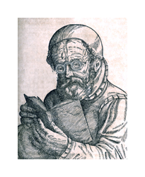 A black and white line drawing of a man reading a book. He is an older man with a long mustache and beard, and he wears a cloth shirt with a ruff collar and a cowl over his head. He is wearing round eyeglasses with thick frames, and he is holding a hardback book in his hands.