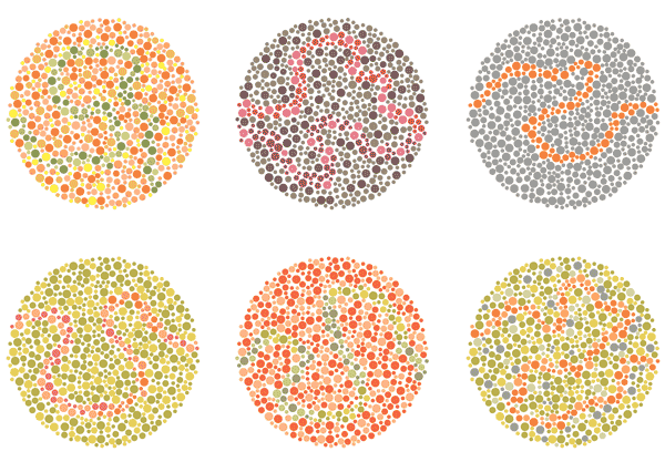 Un ejemplo de la prueba de daltonismo de Ishihara que utiliza trazas para las personas que no pueden examinarse con letras o números.