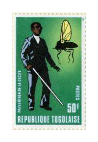 A green postage stamp with a drawing of a blind man walking with a cane. The man is a young, Black man wearing dark glasses. He wears a dark suit and holds a white walking cane. There is a drawing of a large fly in the upper right hand corner. The white text across the bottom of the stamp reads: Republique Congolaise, 50 francs.