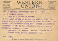 A faded sheet of paper with a telegram message on it. The top of the paper has the words Western Union printed in a large black caps font. The message of the telegram is in small, blue-purple all-caps lettering, and is smaller and hard to read.
