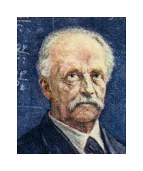 A color illustration of an older white man with a mustache. He has white hair and a high forehead, and has a white handlebar-style mustache. He is wearing a dark suit, and is front of a blue background.
