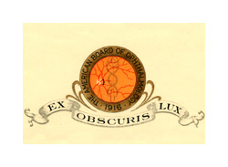 A colored logo or crest. The logo is made up of a circular drawing with a gold border, and a banner with wording underneath it. The circular drawing is orange and red and mimics the back of a human eye. The gold border has black text that reads: The American Board of Ophthalmology 1916. The banner underneath reads: Et Obscuris Lux.