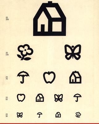 A vision testing chart using simple pictures of houses, flowers and other objects. These kinds of charts can be used with young children or people who cannot read.