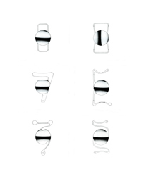 A black and white illustration of six small, round medical devices. They each have a circular center, and they each have two handles or flaps, but the shapes of those handles differ on each of the six drawings.