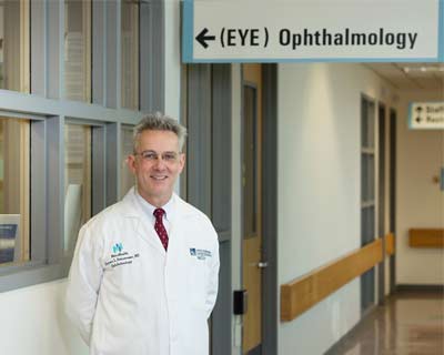 Thomas Steinemann, MD, stands outside the ophthalmology clinic in Cleveland, Ohio, where he treated Jeff Strayer for a devastating chemical burn to his eyes