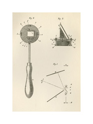 A black and white schematic drawing of a hand-held medical device. The device has a round head with a mirror and a wooden handle.  There is a drawing of the mirror more specifically next to the drawing of the instrument.