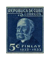 A blue and white postage stamp with a drawing of an older man with white mutton chop sideburns and a mustache. His hair is white and he wears eyeglasses. The text across the top of the stamp reads: Republica de Cuba Correos. The bottom text reads: 5 cents, Finlay, 1833-1933.