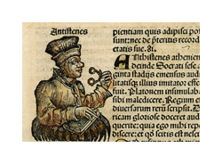 A page of printed medieval style text with a woodcut drawing of man holding eyeglasses on the left hand side. The man is wearing a puffy, medieval style pant and shirt, and he wears a large hat. He is holding two round lenses connected with a hinge in the middle.