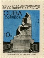A postage stamp with a statue of two men on it. The statue features on man sitting a chair, and another man leaning on the chair in a mourning posture. The background of the stamp is blue. There is a number 10 on the right hand side, and the top of the stamp reads: Cincuenta Aniversario de la Muerte de Finlay. Cuba. Correos.