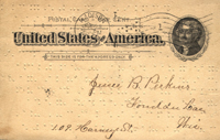 A 19th century postcard with handwriting and many small raised tactile dots. The top of the postcard has the words United States of America printed across it next to a cameo drawing of Thomas Jefferson.
