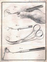 A drawing of hands holding surgical tools. There are four different knives and medical scissors, and the top image also features a human hand holding the tool and a human eye that the tool is being used on.