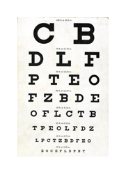 A black and white eye chart with multiple rows of black English letters. The top row has two large letters, and the font of the rows gets progressively smaller until the bottom row, where there are ten very small letters.