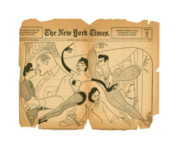 A faded page of a newspaper with a black line drawing on it. There are stylized drawings of a man and a woman flamenco dancing, and a drawing of a large man kissing a small woman. The headline on the paper says: The New York Times.