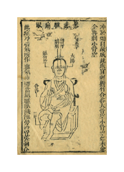 A faded page from a book. In the center of the page, there is a line drawing of a man sitting in a black chair. He has dark hair and is wearing long robes tied across his body. There are lines and Chinese characters labeling parts of his body. There are also lines of Chinese characters along the top and right and left sides of the page.