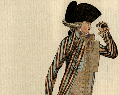 A drawing of a colonial-era man holding a small spyglass. He is wearing a black tricorn hat, a white wig, and a striped waistcoat, and he is peering through a small black cylinder.
