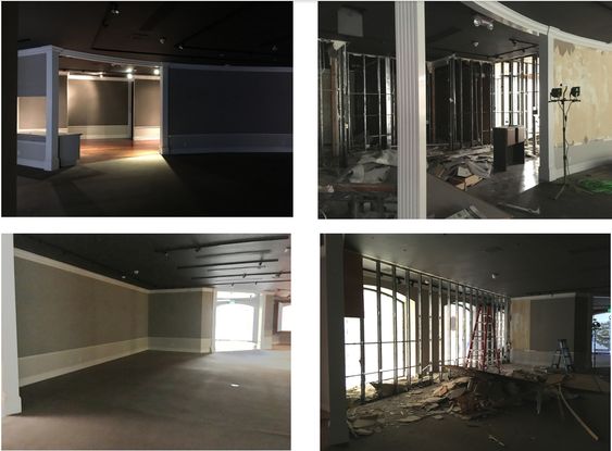 Four small images of a room under construction.