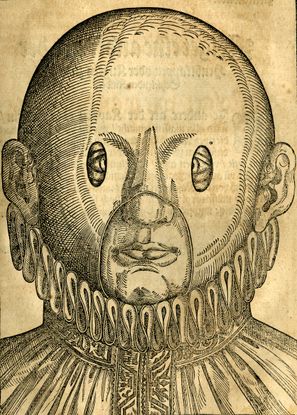 A Renaissance-era woodcutting of a person wearing a wooden mask. The person is wearing a pleated shirt with a large ruff collar. The mask covers the entire face except the ears and mouth, and has very small holes directly above the eyes, forcing them to look straight ahead.
