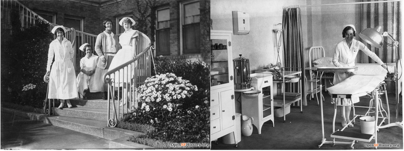 Two black and white historical photographs of women in nurses' uniforms. In the right hand photo, a smiling young white woman in a white dress and white cap tucks sheets in on a white cot. She is standing in a sterile room with other early 1900s medical equipement made of white wood and metal. In the left image, four smiling young white women in white dresses and white caps pose on a curved outdoor staircase. Three of the women are standing, and one woman in the middle is sitting on a stair. The staircase has curly metal railings, and a bush with light-colored flowers is growing next to the stairs.