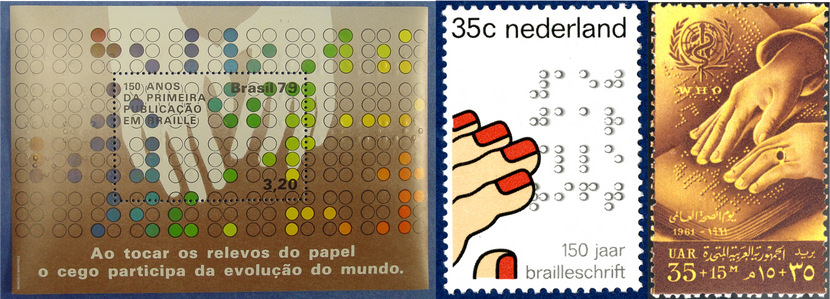 Three postage stamps with hands feeling raised, textured bumps on paper. The far right stamp is gold colored and has writing in Arabic. The hands on it are wearing a ring with a dark stone. The center stamp is white with a navy border, and has writing in Dutch. The hands have red painted fingernails. The far left stamp is brown with multicolored dots, and has writing in Portuguese. The hands are white, stylized outlines.