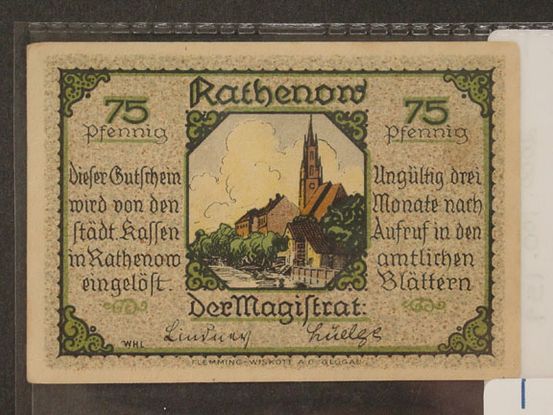A piece of paper money with a drawing of a brown church and steeple along a riverbank lined with green trees. The top of the bill reads: 75 Pfennig Rathenow. The rest of the bill has German script writing and a written signature on it. The bill is outlined in green.