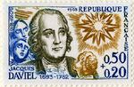 A postage stamp with a colorful drawing of several men and a star. The drawings are in brown and blue, and the largest man in the center has long white hair in a curled 19th century hairstyle. The two men behind him have indistinct, cartoon-like faces, and there is a many-pointed star over his shoulder. The upper right corner of the stamp reads: Republique Francaise. The bottom right corner reads: 0.50 0.20. The bottom left corner reads: Jacques Daviel.