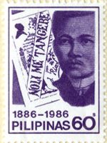 A purple and white postage stamp with a drawing of a man's face next to a book cover. The man is young, with dark skin and a thin dark mustache, and the book cover reads Noli Me Tangere diagonally across the front. The text across the bottom of the stamp reads: 1886-1986 Pilipinas 60.