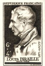 A postage stamp with a black and white drawing of a man in profile. The top of the stamp reads: Republique Francaise. The number 64 is along the left hand side. The bottom of the stamp reads: Louis Braille.
