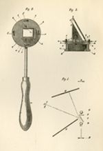 A drawing of a medical tool used to inspect the back of the eye. The tool has a circular metal head with a mirror lens over it, and it is attached to a wooden handle. There are two other small schematic drawings illustrating the mirror function in greater detail.
