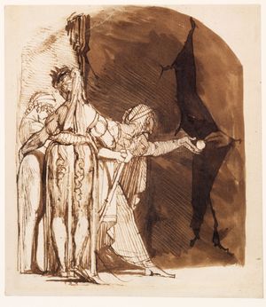A dark brown sketch of three women in long, Greek-style robes in front of a stone wall. The women are facing away, and have their arms around one another in sorrow. The middle woman wears a crown. The woman on the right reaches her arm out towards a large black opening in the rock background. A disembodied hand reaches out from the crag, handing the woman a loose eyeball.