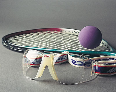 A photo of racquetball equipment with protective goggles