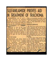 A yellow, faded newspaper clipping. Most of the two columns of text is too small to read. The large, black title reads: SULFANIMIDE PROVES AID IN TREATMENT OF TRACHOMA. style=