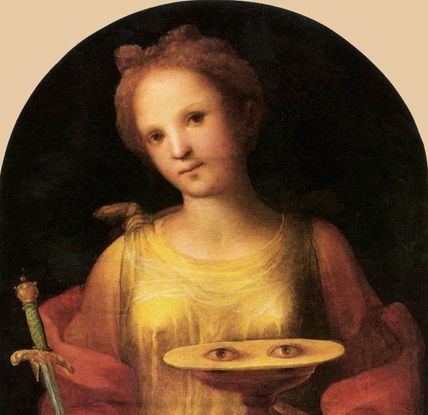 A painting of a young girl with blonde hair wearing red and gold robes. She is placed in a black rounded background. She holds a sword in one hand and a platter with two eyeballs on top in the other hand. 
